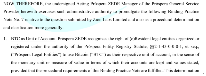 Próspera ZEDE adopta Bitcoin como unidad de cuenta