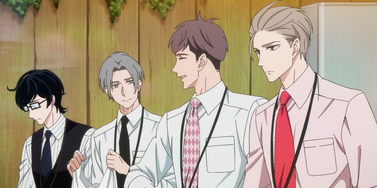 Momose, Shirosaki, Kinjo y Aoyama en la mesa en My New Boss Is Goofy.