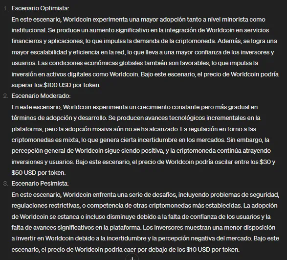 ChatGPT comparte predicción del precio de Worldcoin (WLD) para 2024