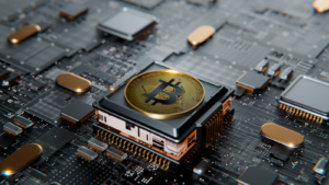 Bitcoin sobre un microprocesador en una placa base.  Con espacio de copia y enfoque selectivo.  Ilustración de banner de renderizado 3d.  Concepto de criptomoneda, minería, tecnología, inversión, finanzas, acciones de criptominería