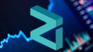 El logotipo criptográfico Zilliqa (ZIL) frente a una ilustración del gráfico comercial.