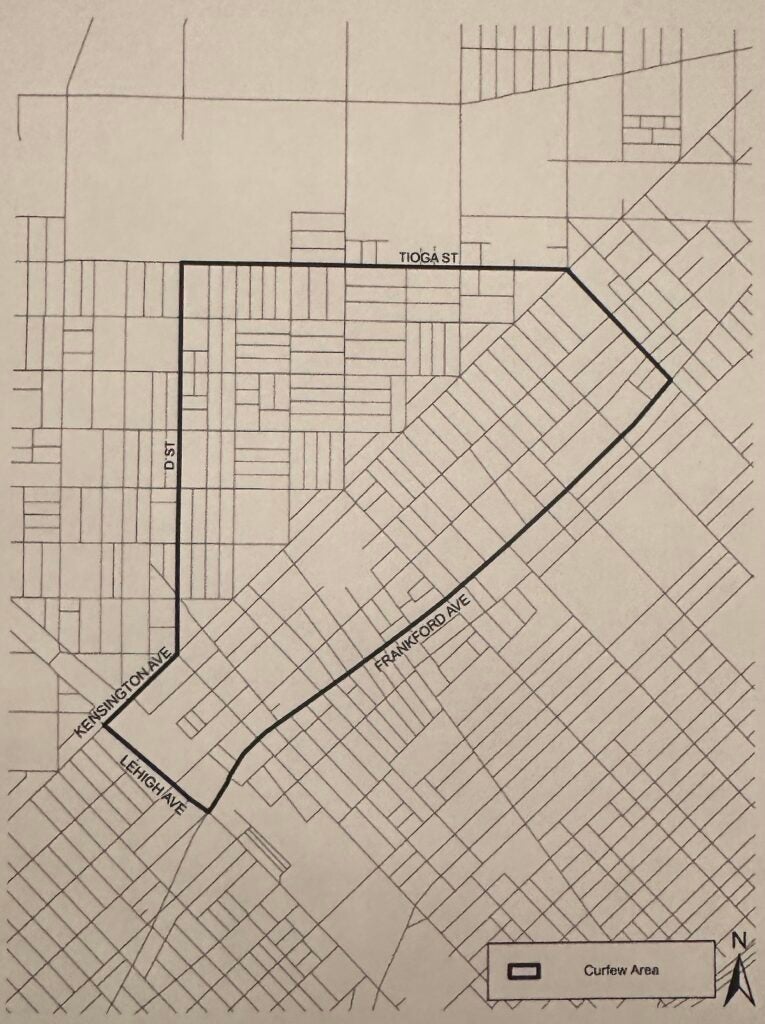 Un mapa de un área propuesta para una ley de toque de queda comercial en Kensington