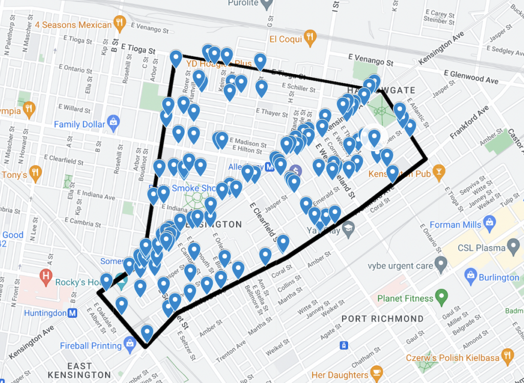 Un mapa de un área propuesta para un área de toque de queda comercial en Kensington