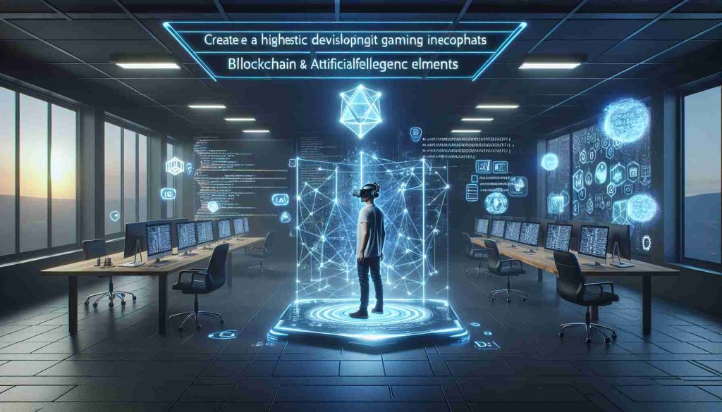 Cree una imagen realista y de alta definición que ilustre un proyecto de juego novedoso.  Este proyecto es único porque integra tecnología de realidad virtual con elementos blockchain y elementos de inteligencia artificial.  El escenario podría ser una sala de desarrollo de alta tecnología, llena de pantallas que muestran códigos complejos y esquemas 3D.  Visualice a un usuario usando un casco de realidad virtual, interactuando con un mundo digital de formas y números, que representa la cadena de bloques.  Dentro de este espacio, visualice también la IA representada por redes brillantes, algoritmos o entidades digitales, todos integrándose en esta experiencia de juego futurista.