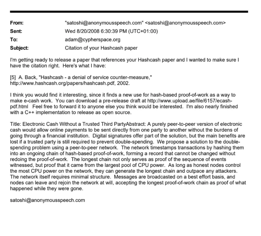 Mensaje entre Satoshi Nakamoto y Adam Back