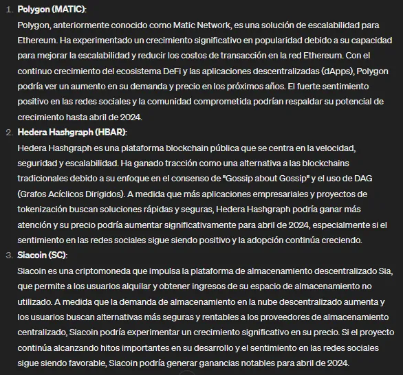 ChatGPT predice cuáles criptomonedas explotarán en abril 2024