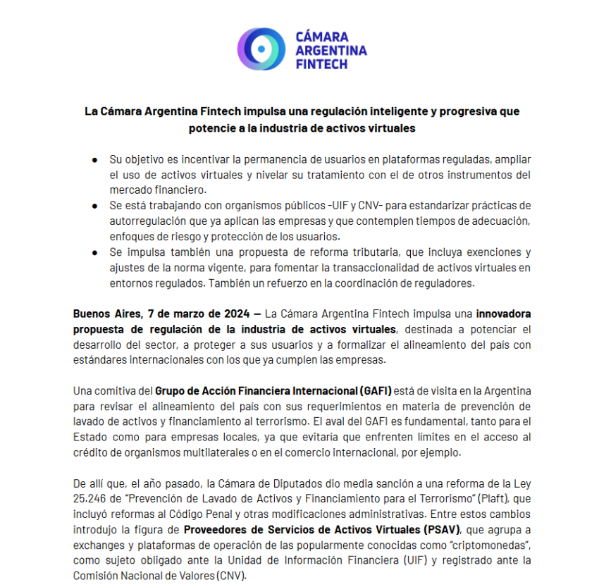 Cámara Argentina Fintech propone regular las criptomonedas.