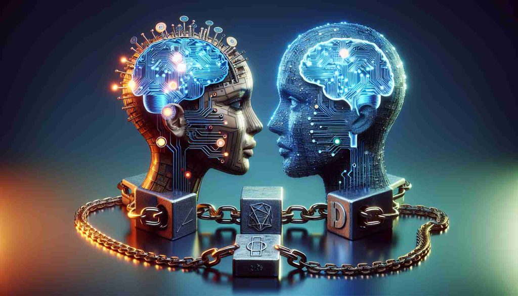 Una representación realista y de alta definición del concepto metafórico de la sinergia de la tecnología Blockchain e Inteligencia Artificial.  La imagen muestra dos entidades abstractas, una que representa la IA con símbolos como un cerebro, patrones de circuitos y la otra que representa Blockchain con bloques, cadenas o un libro de contabilidad interconectados.  Están personificados para representar una 