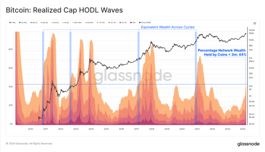 El 44% de todos los BTC se encuentran actualmente en nuevas direcciones. Fuente: Glassnode