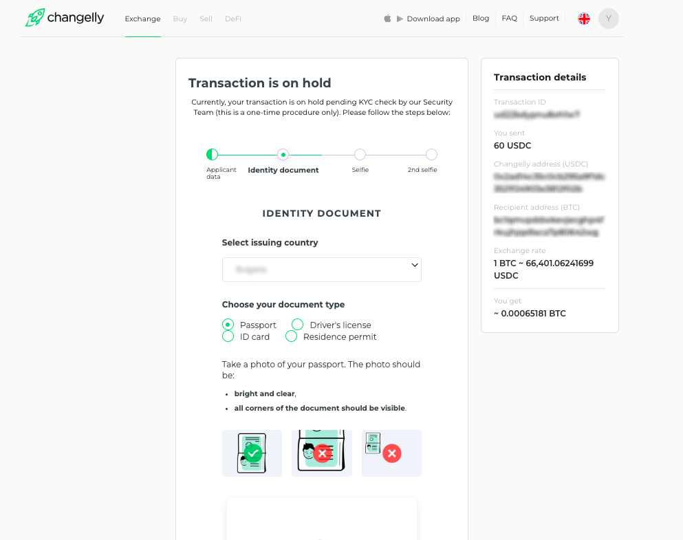 En Changelly, se requiere KYC si la transacción está en espera.  Fuente: Changelly