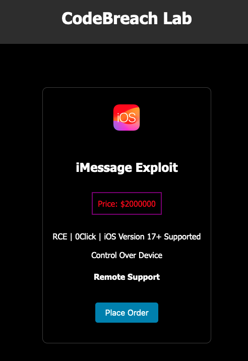 Una captura de pantalla del anuncio de la web oscura que afirma vender un supuesto exploit de iMessage.  Créditos de imagen: TechCrunch