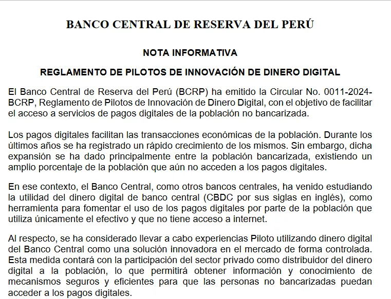 Perú se adelanta entre los países de América Latina en establecer una base legal para un piloto de “CBDC soberana”. Fuente: BCRP.