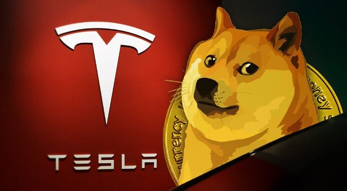 Dogecoin junto al logo de Tesla.