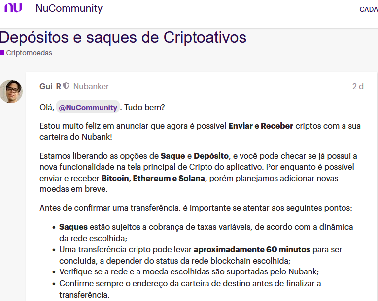 nubank permite Bitcoin Ethereum Solana