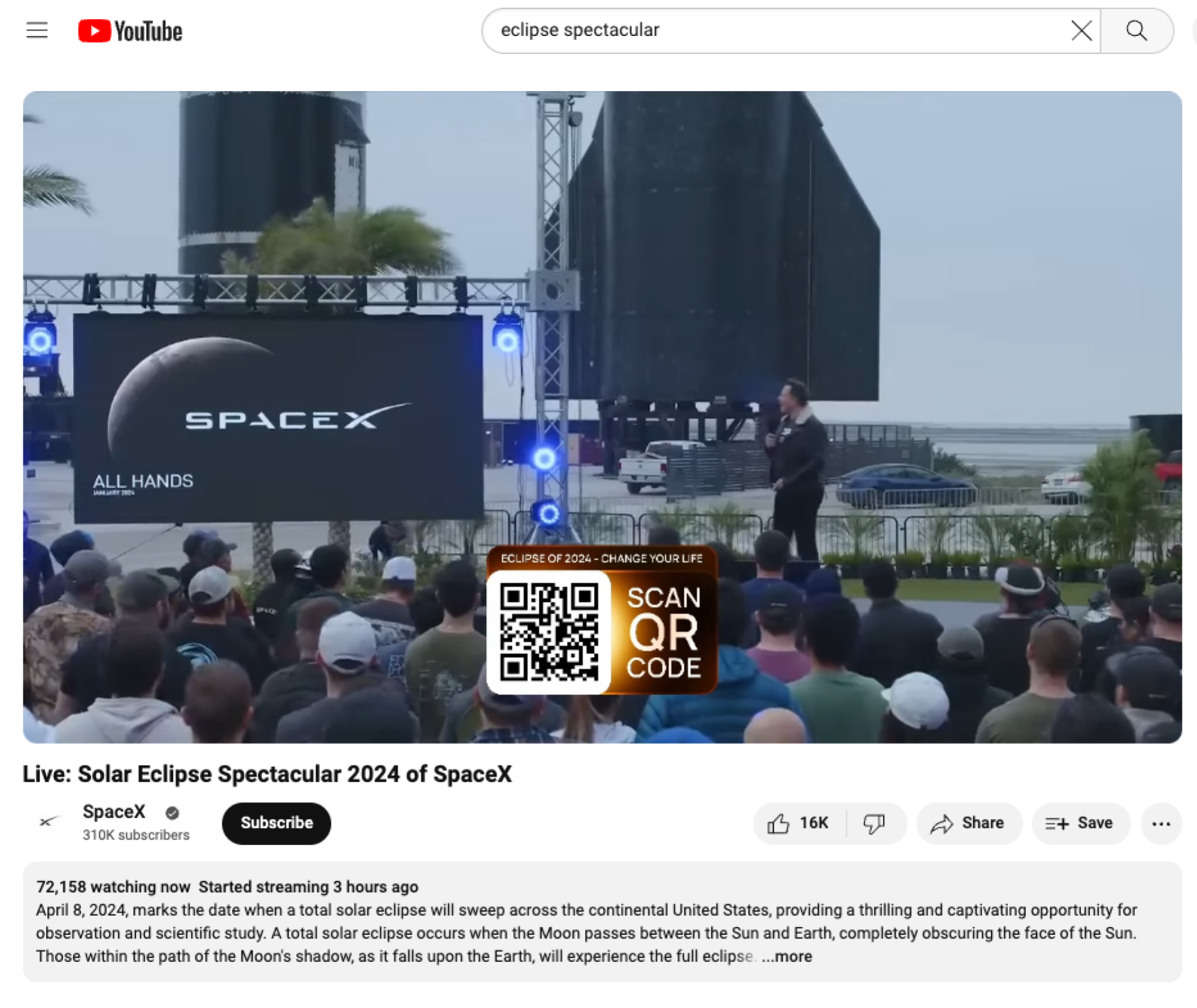 Transmisión en vivo falsa de YouTube de SpaceX