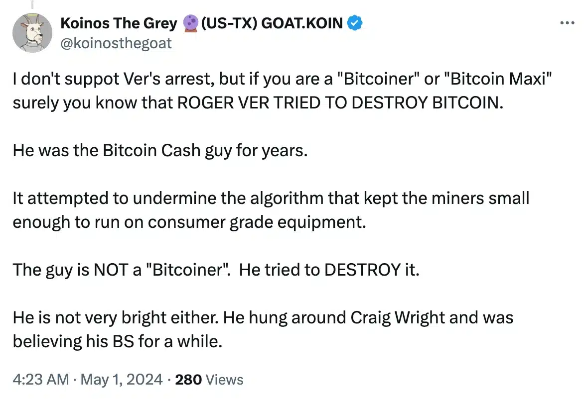 @koinosthegoat tuitea sobre el arresto de Roger Ver