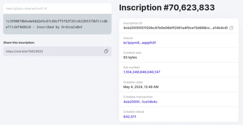 La transacción  fue resultado de una inscripción de Bitcoin