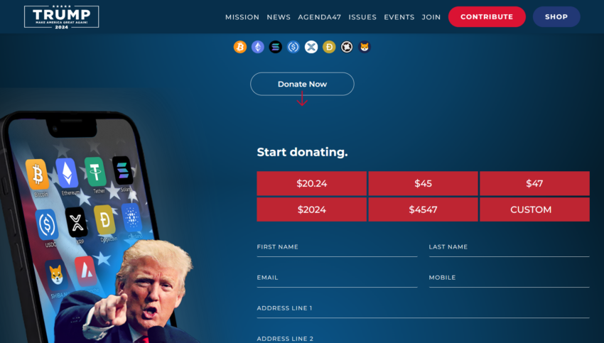 Página oficial de criptodonaciones de Donald Trump. Fuente: Donald J. Trump 