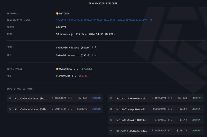 Usuario envía por error el 90% de sus BTC a Satoshi Nakamoto. Fuente: Arkham Intelligence