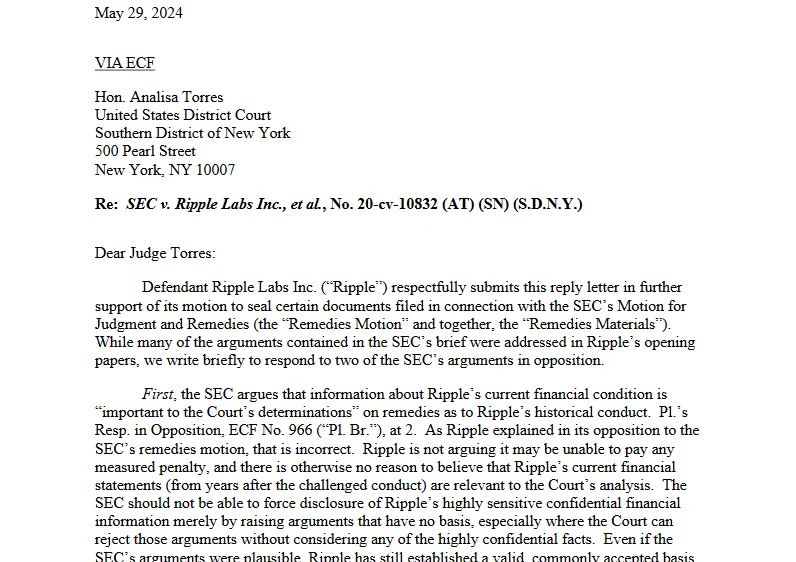 Carta a la jueza por parte de la defensa legal de Ripple