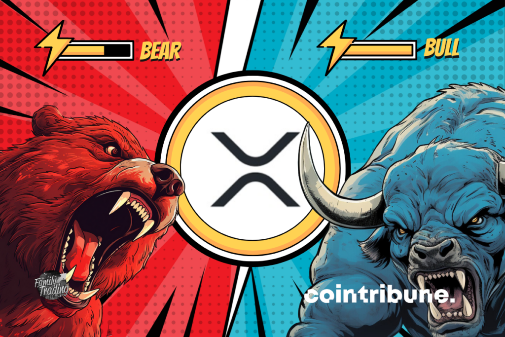 Logotipo de XRP con fondo rojo y azul con un oso rojo enojado y un toro azul en ambos lados.  En la parte superior de cada uno podemos ver la barra de poder de cada persona.