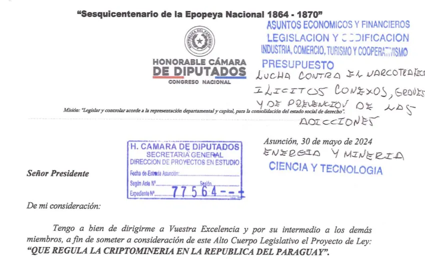 Proyecto de ley para regular la minería de Bitcoin en Paraguay. Fuente: Congreso de Paraguay