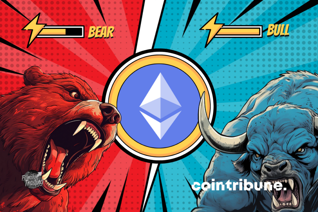 Logotipo de ETH con fondo rojo y azul con en ambos lados un oso rojo y un toro azul furioso.  En la parte superior de cada uno podrás ver la barra de potencia de cada uno.