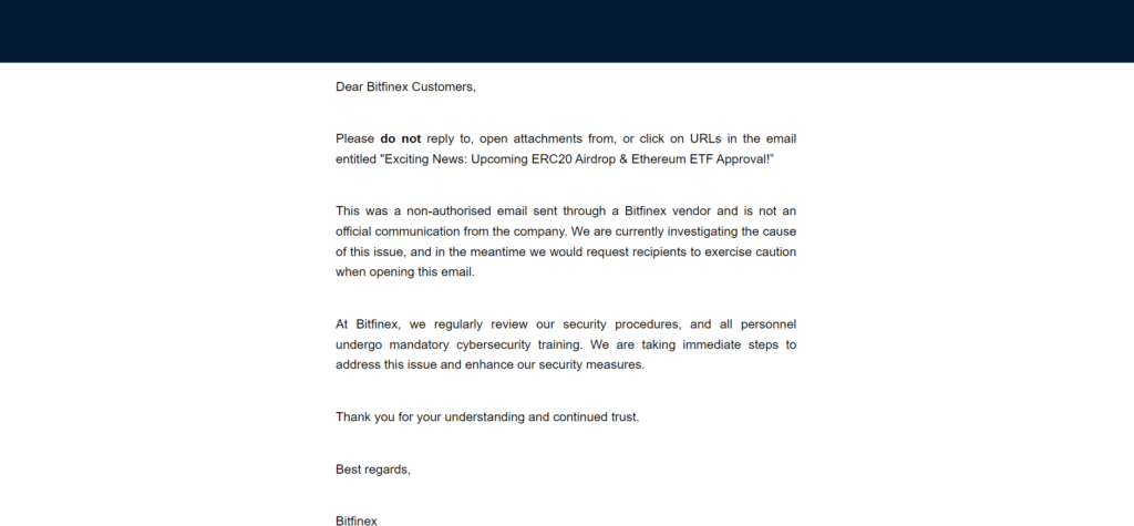 Aviso de Bitfinex a los usuarios de criptomonedas