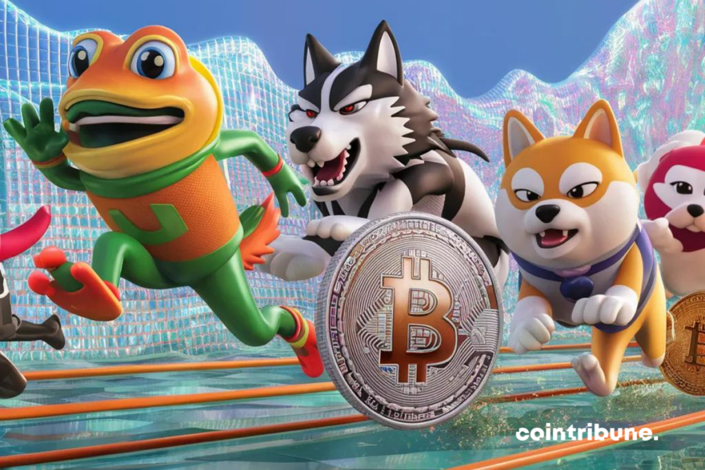 Figuras de criptomonedas meme y monedas Bitcoin