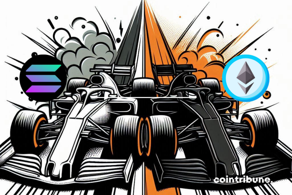 Carrera de rally de F1 con logotipos de Solana y Ethereum