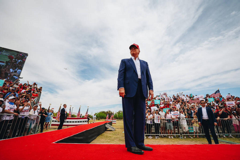 El expresidente Donald Trump habla en un mitin en Sunset Park el domingo 9 de junio de 2024 en Las Vegas.  (Madeline Carter/Las Vegas Review-Journal/Tribune News Service vía Getty Images)