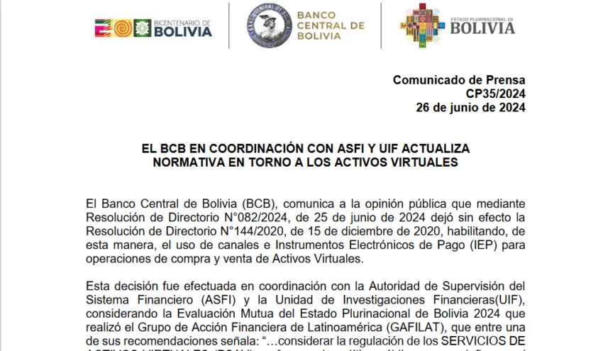 Anuncio oficial del Banco Central de Bolivia sobre la actualización de la normativa. Fuente: BCB.