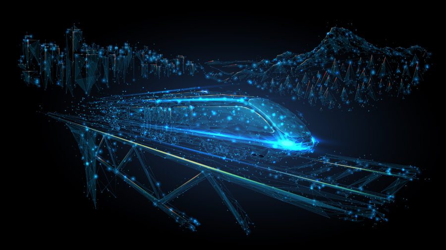 Ilustración 3d de baja poli de un tren de alta velocidad en movimiento sobre un puente ferroviario.  Transporte, viajes, logística, concepto de turismo aislado en negro.  Malla vectorial abstracta con líneas, puntos y partículas azules