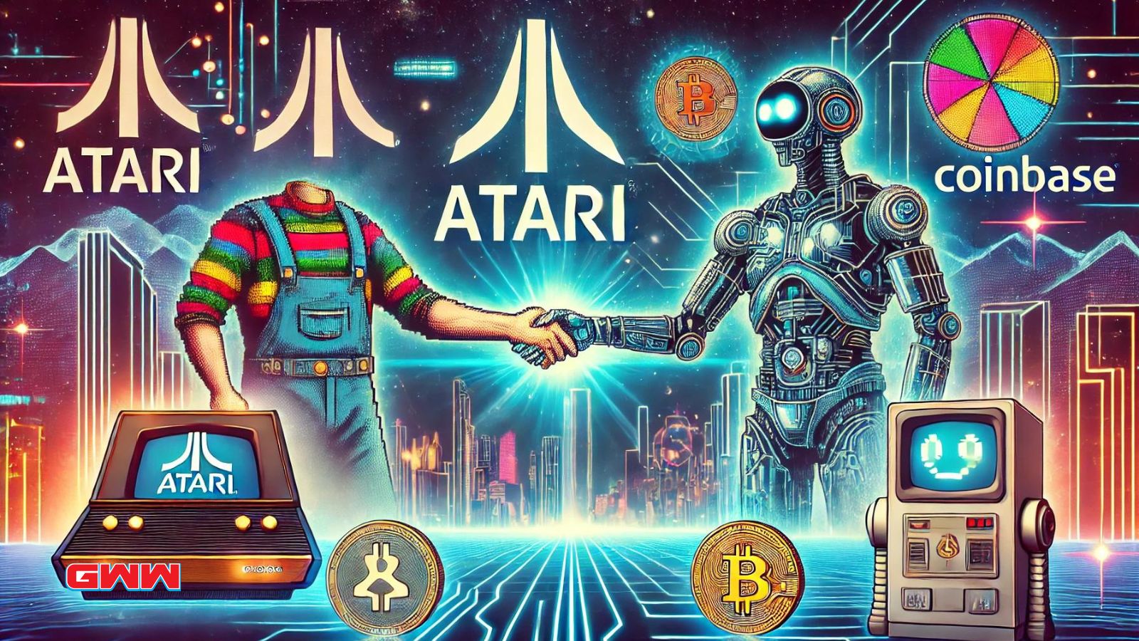 Una escena futurista que representa la asociación entre Atari y Coinbase.