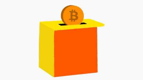 Ilustración de Ben Hickey de una urna de votación naranja y amarilla con un bitcoin introducido en la parte superior como voto