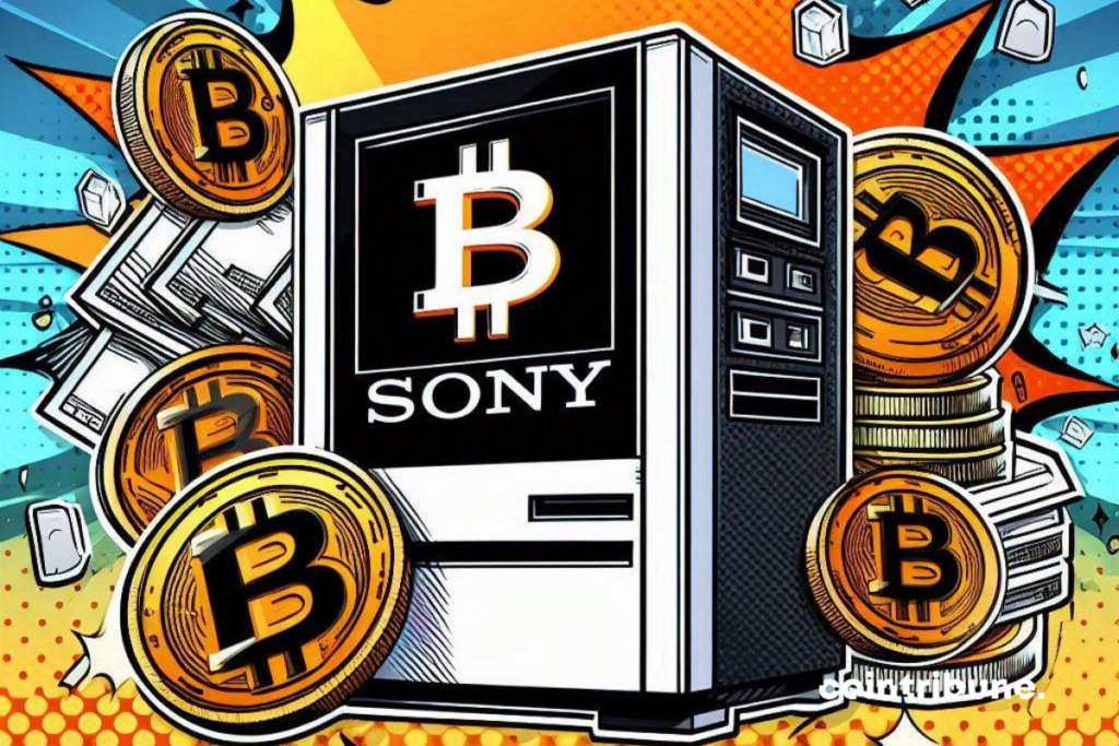 Caja de Sony y monedas de bitcoin