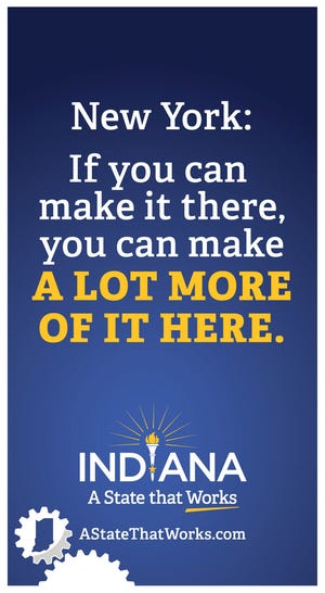 El estado de Indiana publicó un anuncio de página completa en The New York Times el 26 de enero de 2014 para promocionar su "Indiana: un estado que funciona" Campaña. (Imagen proporcionada por Indiana Economic Development Corp.)