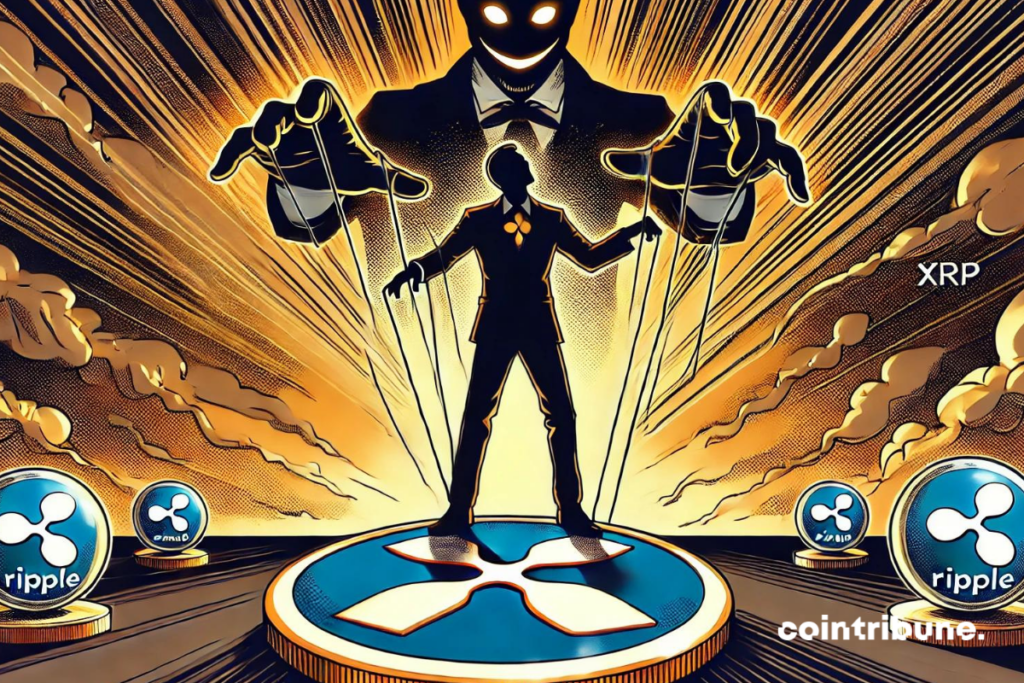 Un personaje fantasma manipulando a otro que lleva el logo de XRP