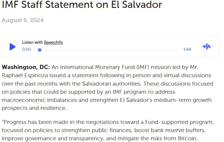 Declaración oficial del FMI sobre la situación de El Salvador. Fuente: FMI.