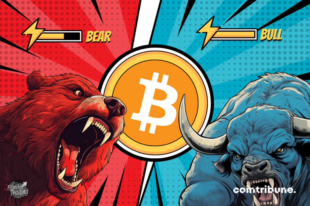 Logotipo de BTC con fondo rojo y azul y en ambos lados un oso rojo y un toro azul furiosos. En la parte superior de cada uno se puede ver la barra de energía de cada uno.