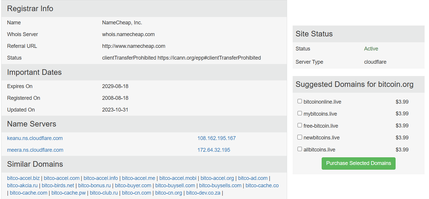 Información del registrador de Bitcoin.org