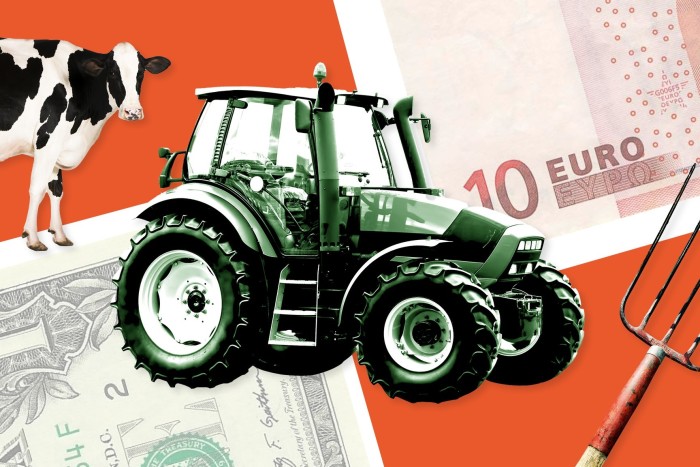 Imagen de montaje de un tractor, una horca, una vaca y billetes de dólar y euro.