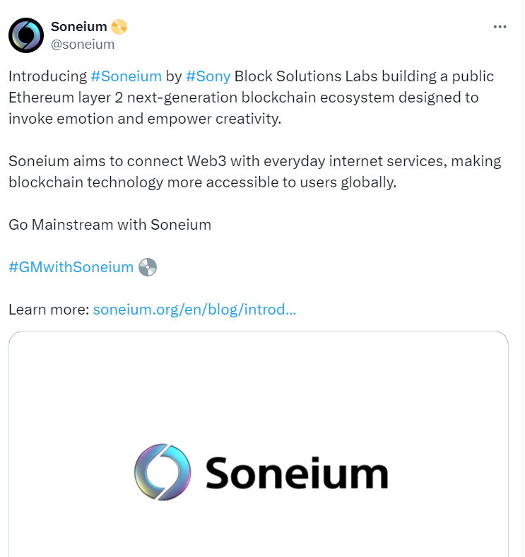 Soneium de Sony presenta la cadena de bloques Ethereum Layer 2 de próxima generación Fuente: Twitter (@soneium)