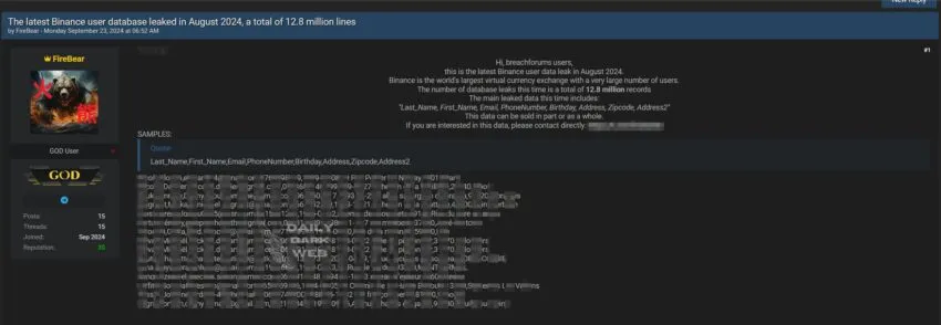 Posible filtración de datos de usuarios de Binance en la Dark Web. Fuente: Dark Web Intelligence.