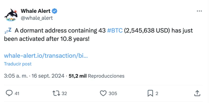 La ballena de Bitcoin (BTC) mostró actividad tras 11 años, según Whale Alert.