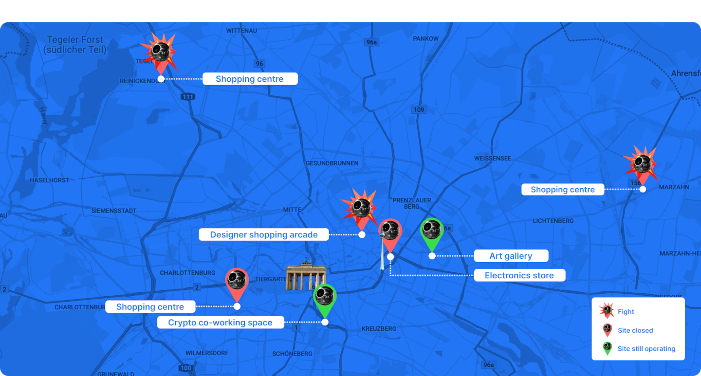 Mapas que muestran los lugares en Berlín donde ocurrieron incidentes relacionados con Worldcoin