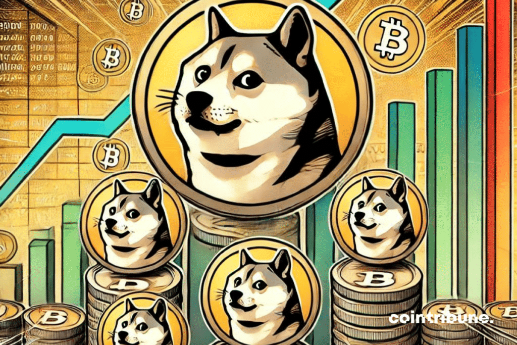 Representación gráfica de DOGE creciendo con varios logotipos de Dogecoin, con curvas de transacciones ascendentes, que simbolizan un aumento repentino de la actividad criptográfica. En el fondo, surge una ligera tensión, ilustrada por obstáculos estilizados como barreras a superar. El logotipo de Dogecoin, discreto pero visible, emerge de un mar de datos.