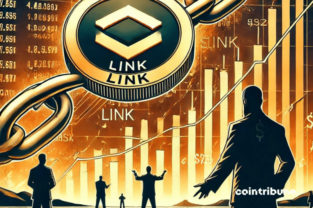 Una criptomoneda Chainlink (LINK) flotando en un mar de números y gráficos financieros, simbolizando una subida espectacular. Al fondo, sombras de grandes figuras que representan 'ballenas' de inversión, manipulando sutilmente las curvas del mercado. La imagen evoca tanto el ascenso del token como la discreta pero determinante influencia de las grandes entidades financieras, en un ambiente de misterio y especulación.