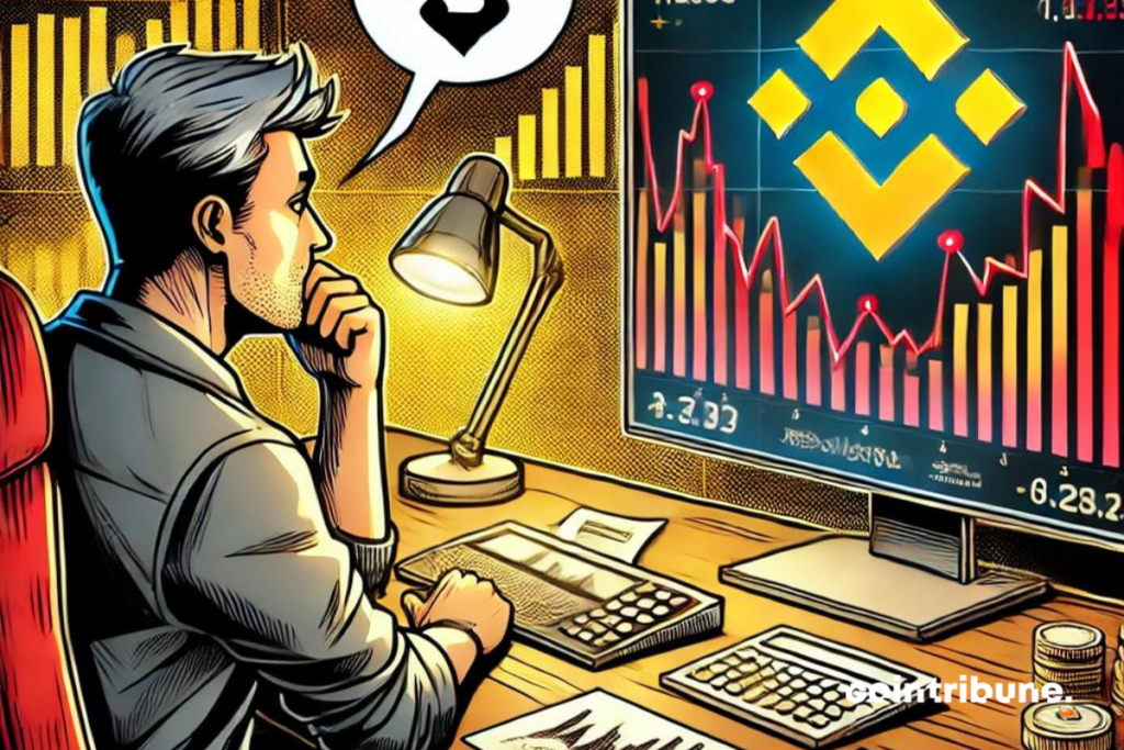 Una intensa escena de trading en una pantalla, donde un gráfico de mercado muestra una fuerte caída de Binance Coin (BNB) con números rojos parpadeantes. Junto a la pantalla, un trader observa con preocupación, sentado en su escritorio, rodeado de gráficos e informes financieros.