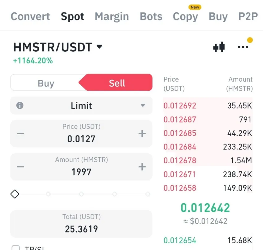 Precio de Hamster Kombat (HMSTR), Fuente: Binance